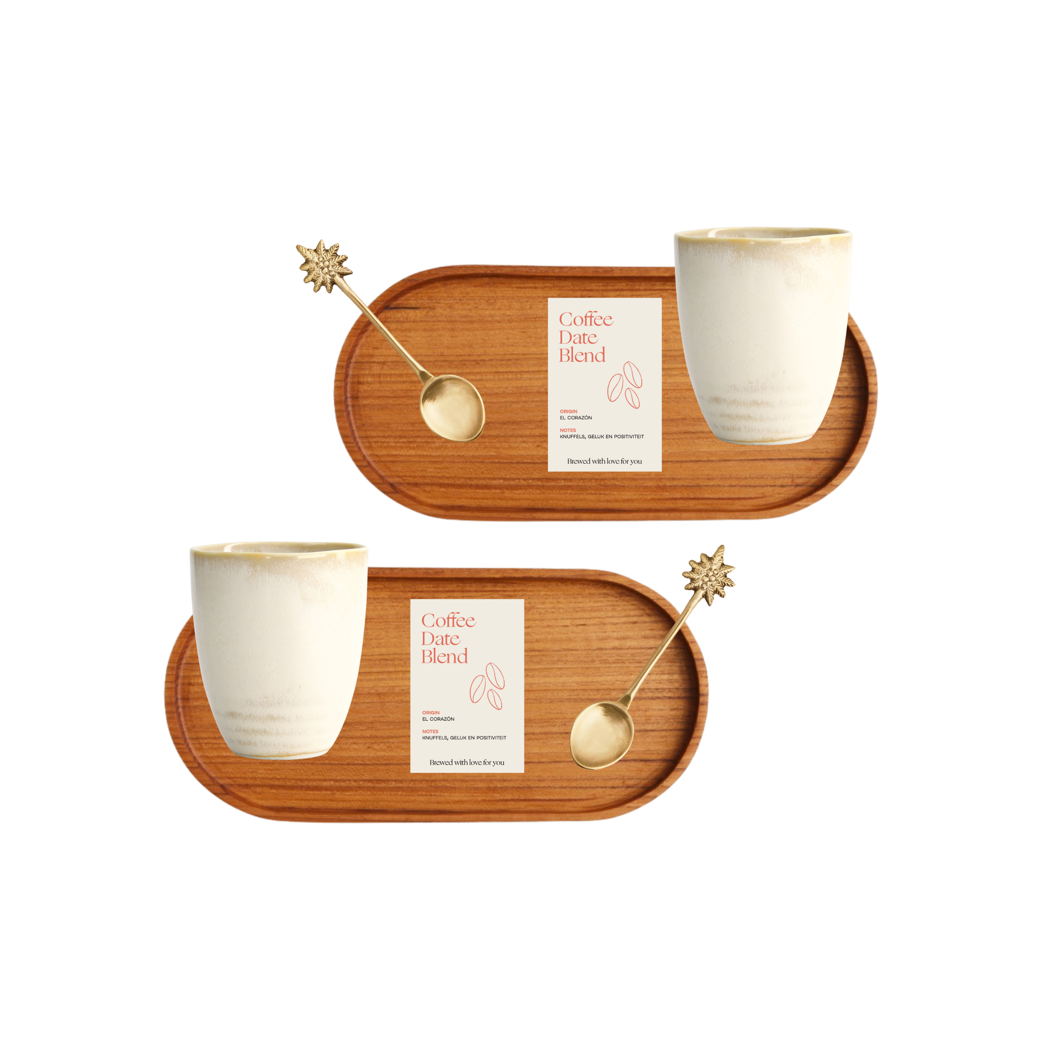 Café at Home bundel met houten dienblad, keramische koffiekopjes en goudkleurige lepeltjes.