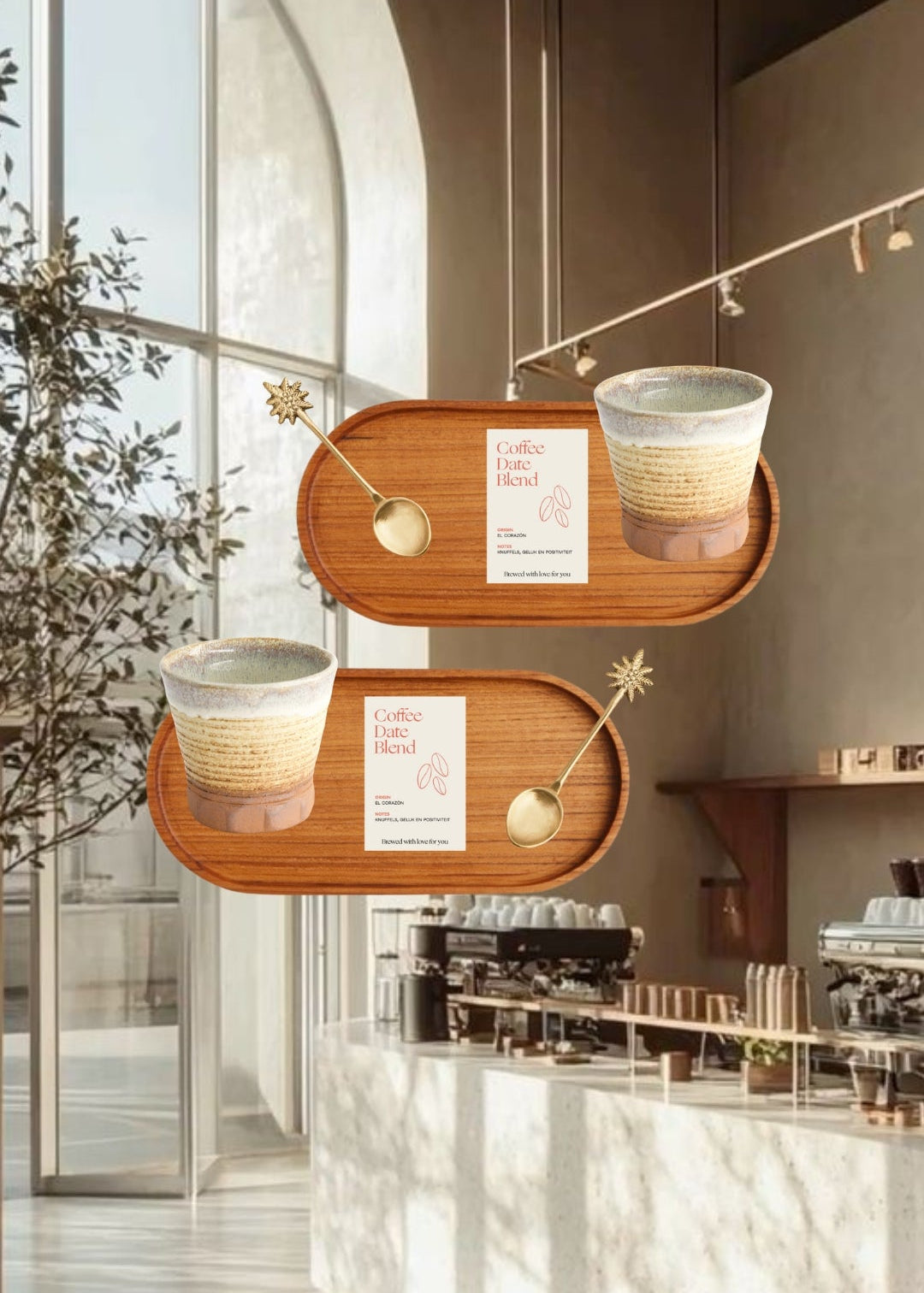 Café at Home bundel met houten dienblad, keramische koffiekopjes en goudkleurige lepeltjes.