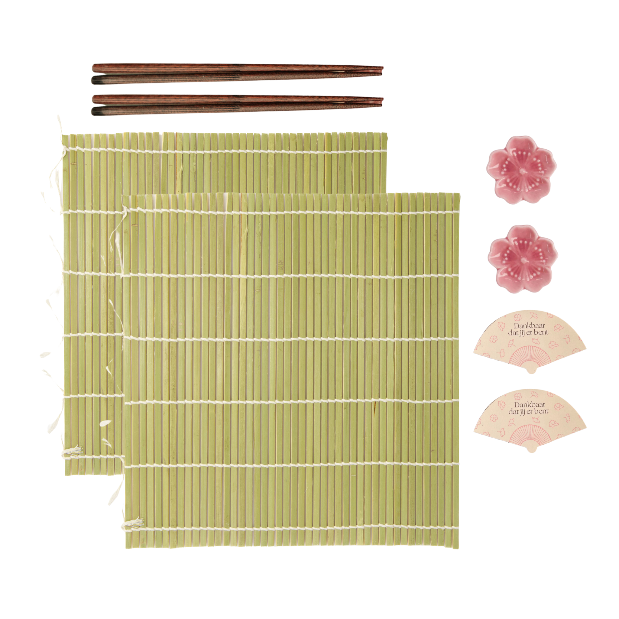Bamboe placemat met Japanse eetstokjes, kersenbloesem eetstokjeshouder en dankbaarheidskaartje voor een japanse dinner date party