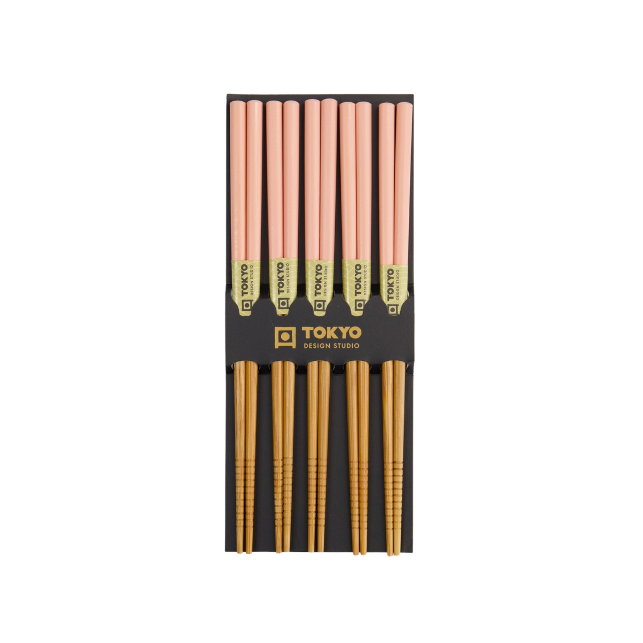 Set van vijf paar houten eetstokjes met roze uiteinden, verpakt in een zwarte houder met het merk Tokyo Design Studio.