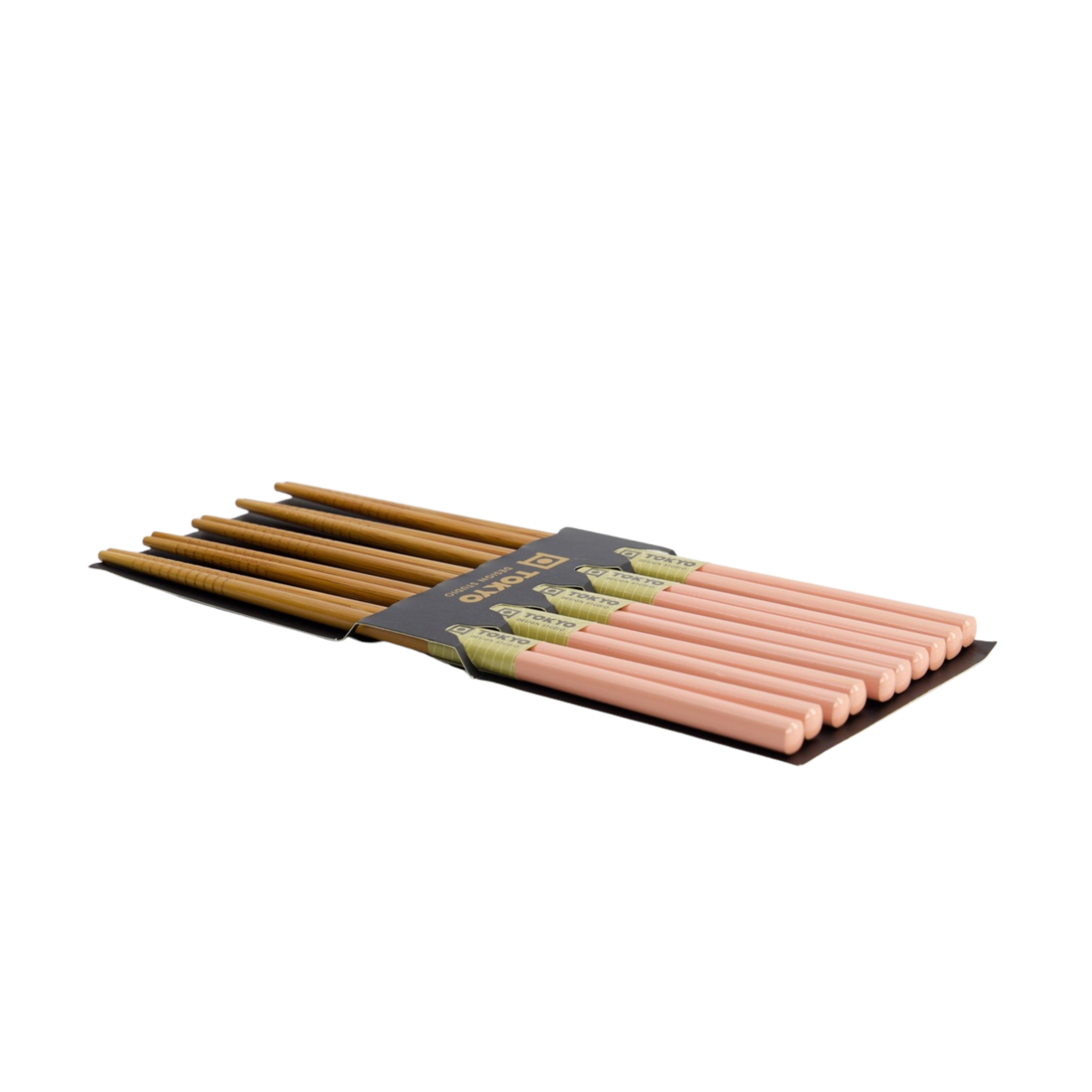 Set van vijf paar houten eetstokjes met roze uiteinden, verpakt in een zwarte houder met het merk Tokyo Design Studio.