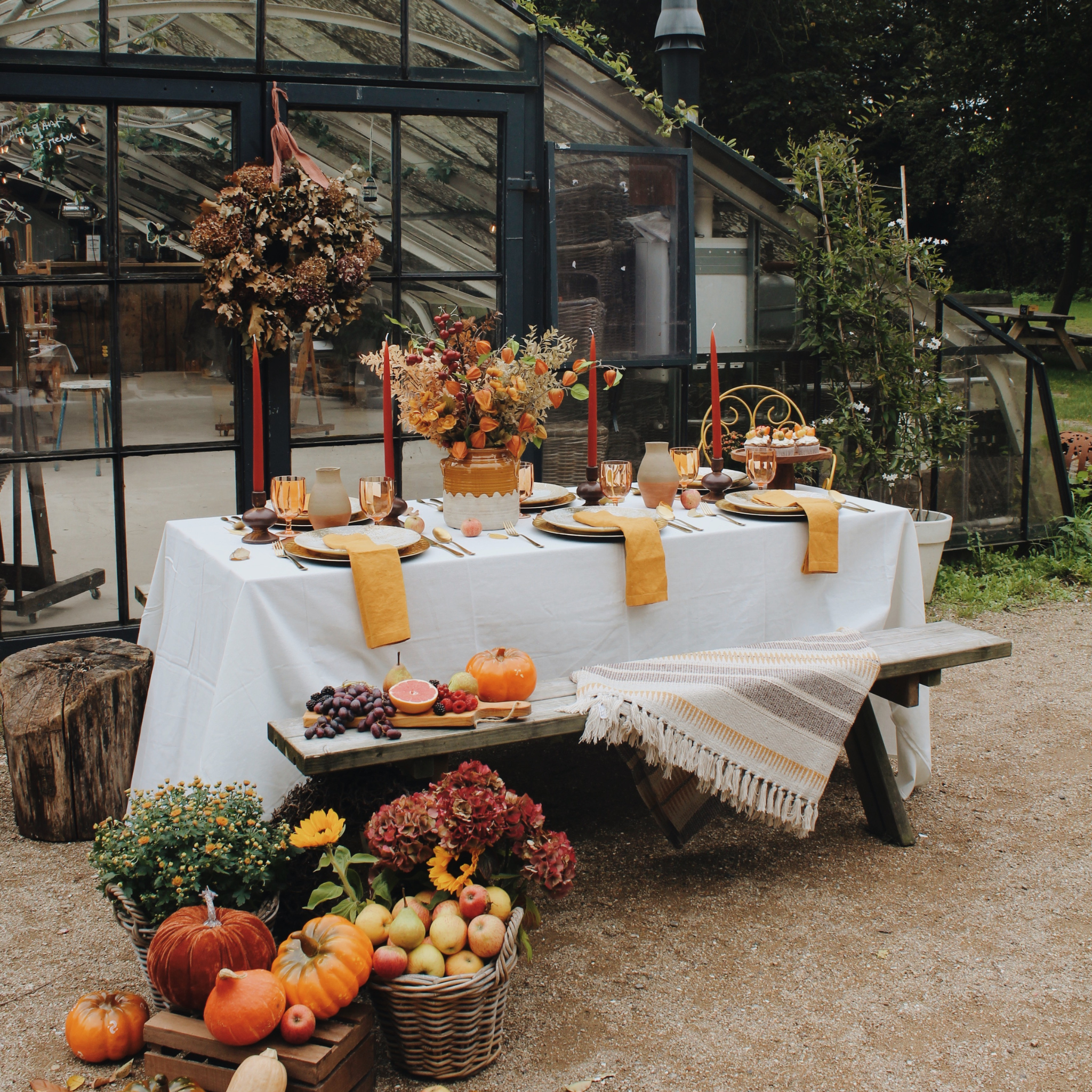 Herfsttafereel van een feestelijk gedekte buitentafel voor een kas, omringd door seizoensgebonden decoraties zoals pompoenen, appels en herfstbloemen. De tafel is bedekt met een wit tafelkleed, versierd met amberkleurige glazen, rode kaarsen, en een groot bloemstuk in warme herfstkleuren. Naast de tafel staan manden vol fruit en pompoenen, wat de gezellige, rustieke sfeer van het herfstseizoen versterkt.