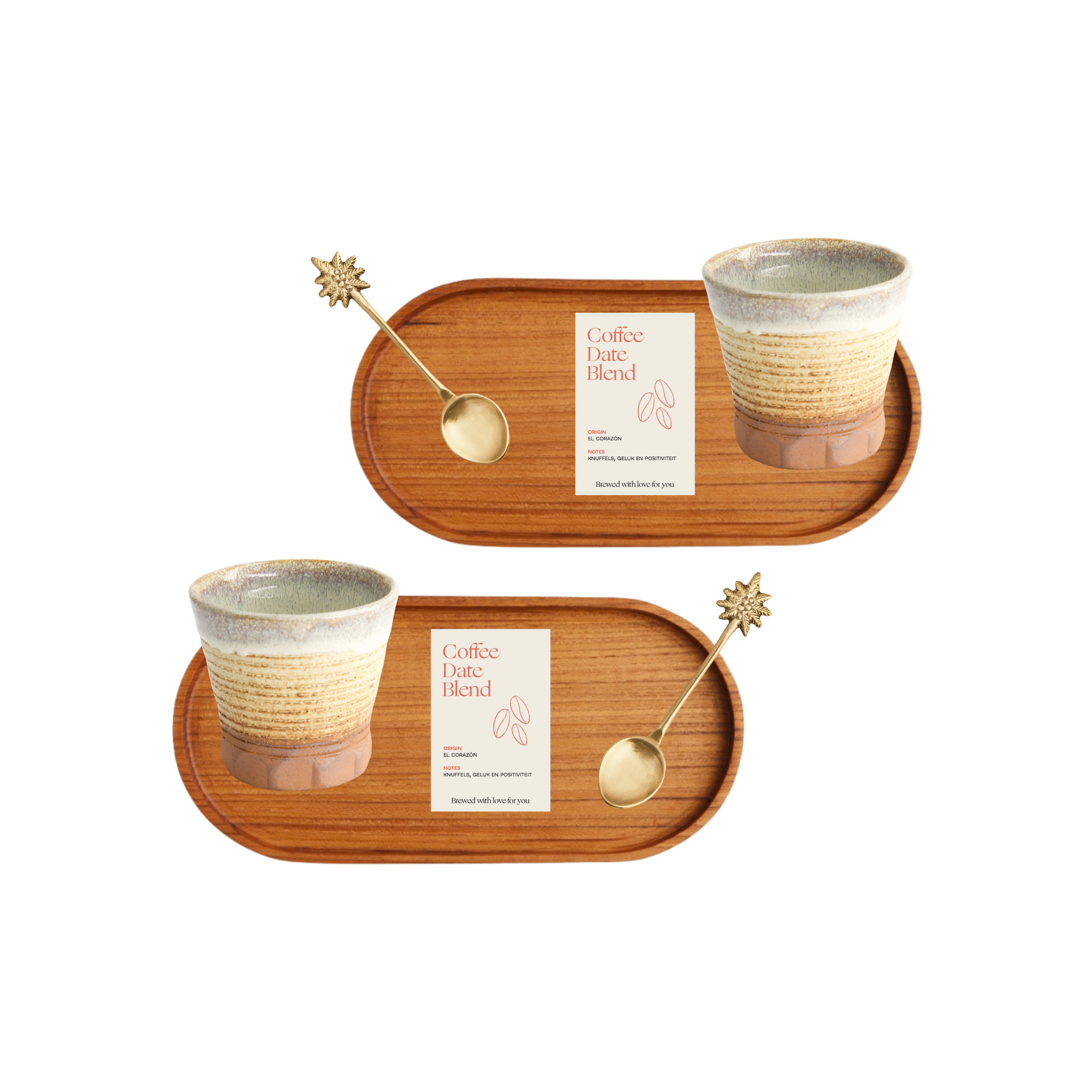 Café at Home bundel met houten dienblad, keramische koffiekopjes en goudkleurige lepeltjes.