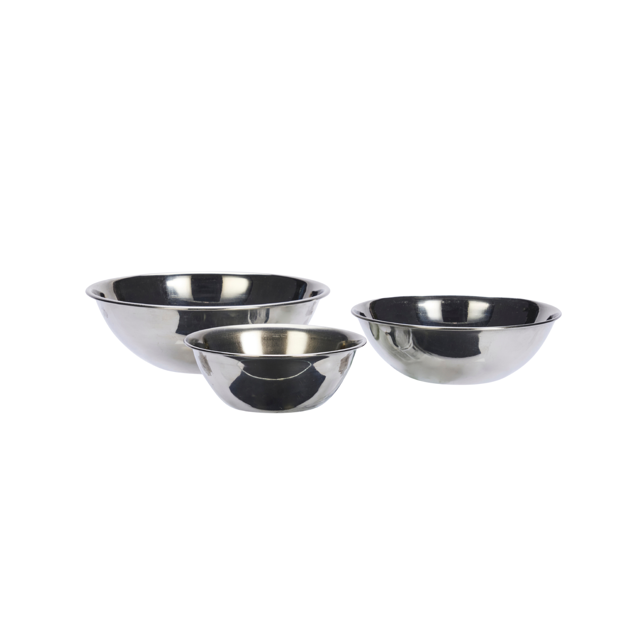 Set van drie stainless steel bowls gevuld met salades en hapjes op een moderne tafelsetting.