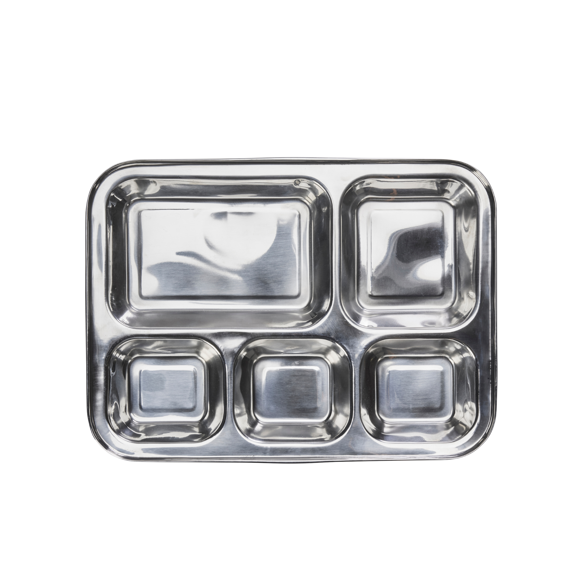 Stainless steel food tray gevuld met vers brood en fruit op een minimalistische tafelsetting.
