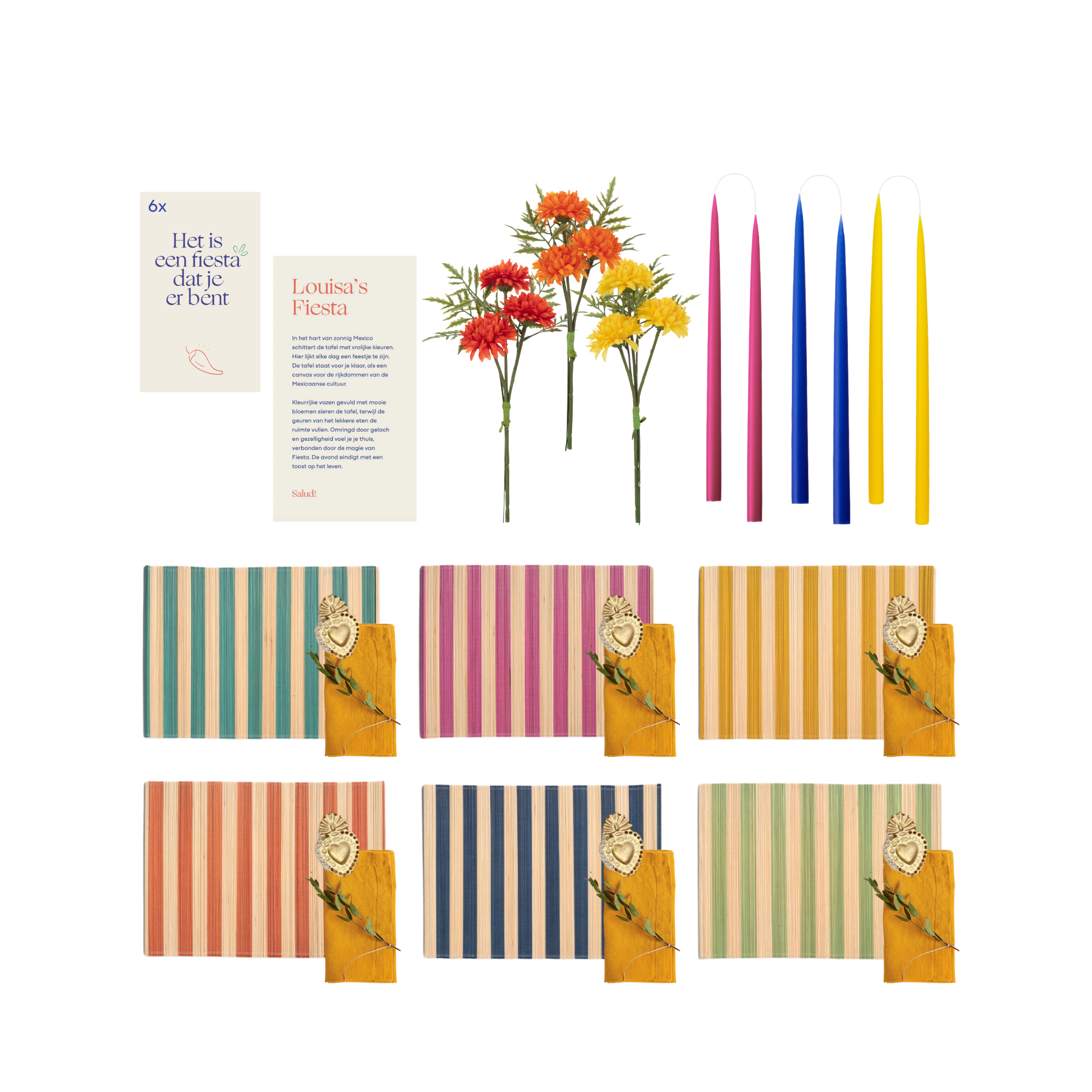 Complete tafelstyling set in mexicaanse fiesta sfeer met placemats, servetten, bloemen en dinerkaarsen.