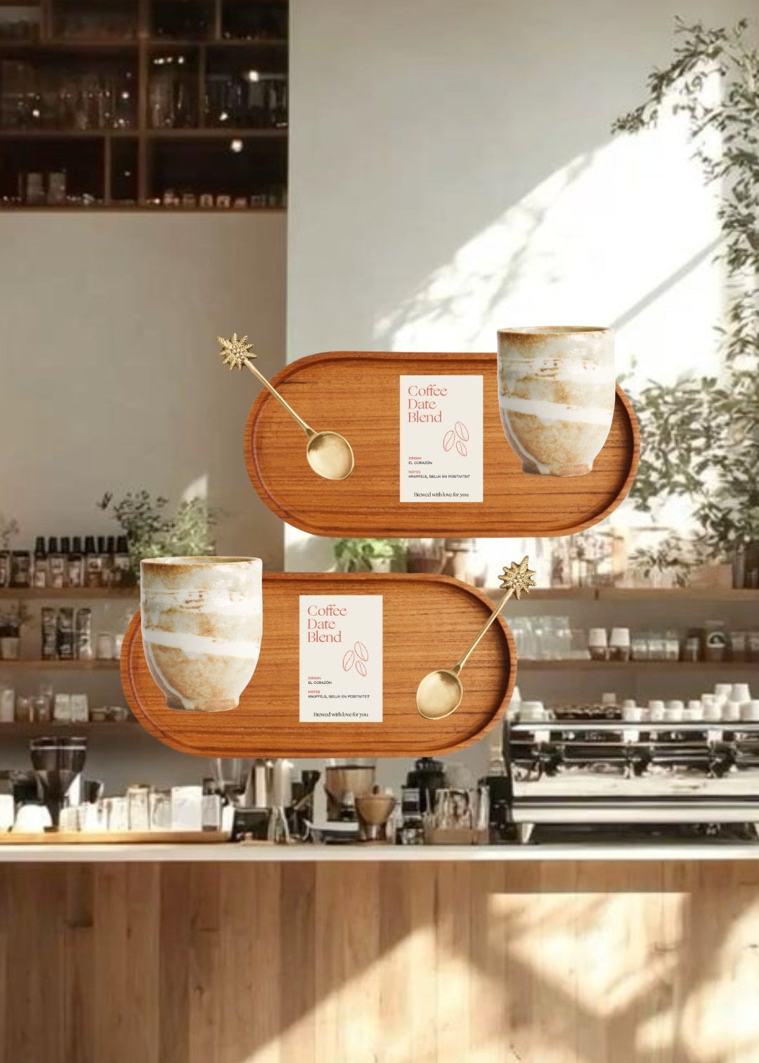 Café at Home bundel met houten dienblad, keramische koffiekopjes en goudkleurige lepeltjes.