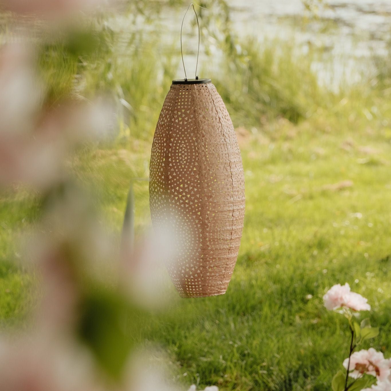 Een solar lampion hangt buiten in een groene omgeving, omringd door bloeiende takken en met een wazige voorgrond van roze bloemen.